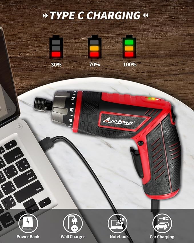 AVID POWER Electric Screwdriver Set Rechargeable 4V Cordless Screwdriver Kit with 11pcs Accessories, 5.65Nm Screw Gun, 5+1 Torque Setting, 2 Position Handle with LED Light-Dark Red