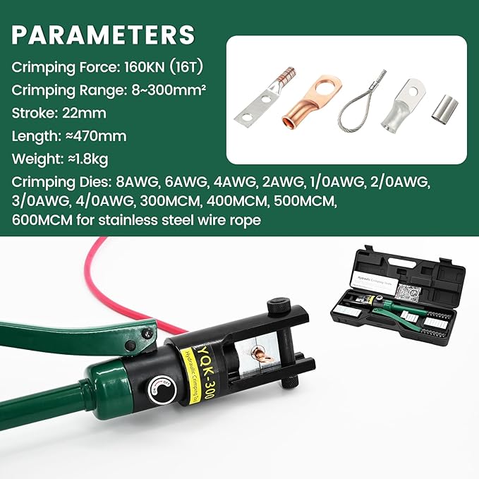 16T Hydraulic Battery Cable Crimper 8 AWG to 600 MCM Cable Crimping Tool Hydraulic Lug Crimper Electrical Terminal Wire Crimper with 13 Pairs of Dies Kit, Green