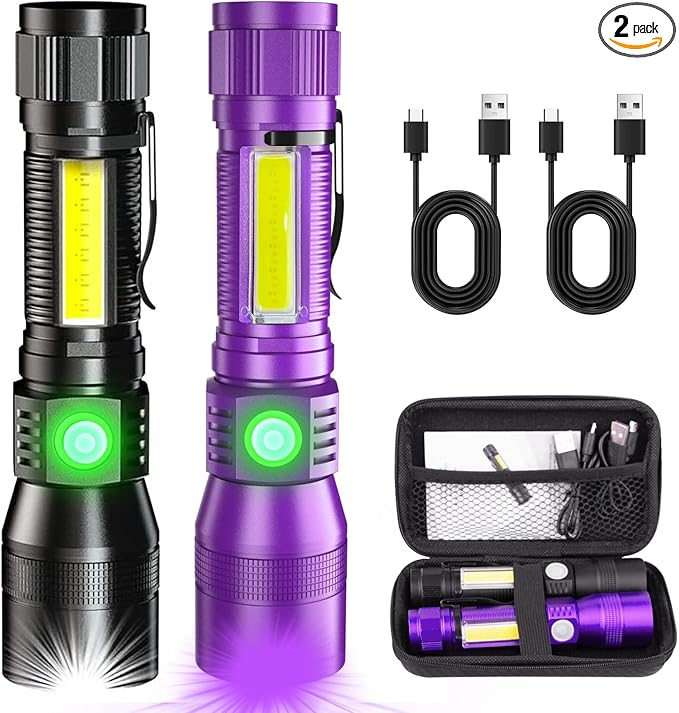 UV Rechargeable Flashlights Tactical,1000 High Lumens 3 in 1 LED Black Light Flashlight-Magnetic Base/Sidelight/Zoomable, Bright Pocket Flash Light with Case for Stains Detection,Purple/Black