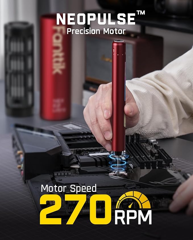 Fanttik E2 Ultra Mini Electric Screwdriver, Cordless Screwdriver, Max 0.6N.m, 50 Magnetic Bits, 5/32'' Hex, Magnetic Storage, Repair Tool for Electronics, Camera, Laptop, and PC Build (Red)