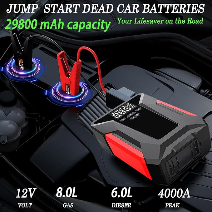 Jump Starter with Air Compressor, 4000A Car Battery Jumper Starter Portable (8L GAS/6L Diesel),12V Jump Box for Car Batter with 150 PSI Tire Inflator, Emergency LED Flashlight, 65W Fast Charger