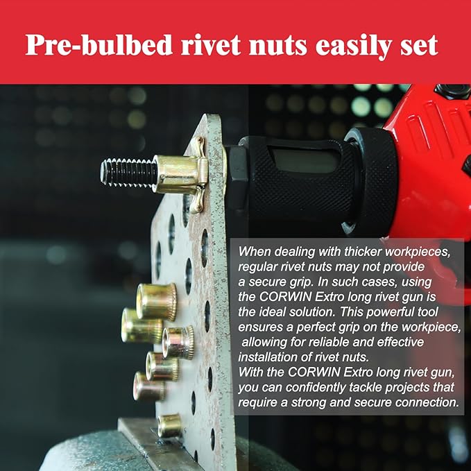 CORWIN Extra Long Mandrel Rivet Nut Tool Kit 1002 16-Inch Rivnut Gun Kit with 9 Long Mandrels, Rugged Carrying Case, Pre-Bulbed Shank Rivnut Threaded Insert Muti-Grip plusnut Setter