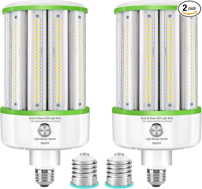 2 Pack Dusk to Dawn LED Corn Light Bulbs 100W(Equivalent 1000W), E26/E39 Base, 14,000LM 5000K Daylight, Auto On/Off Photocell Sensor, Outdoor LED Light Bulbs for Porch Garage Yard Security