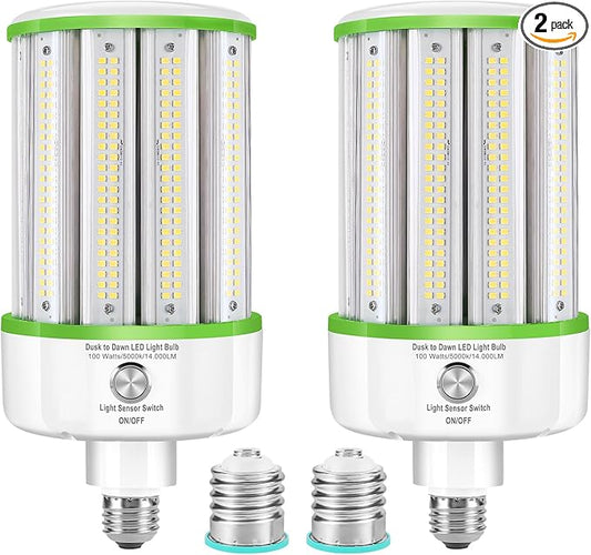 2 Pack Dusk to Dawn LED Corn Light Bulbs 100W(Equivalent 1000W), E26/E39 Base, 14,000LM 5000K Daylight, Auto On/Off Photocell Sensor, Outdoor LED Light Bulbs for Porch Garage Yard Security