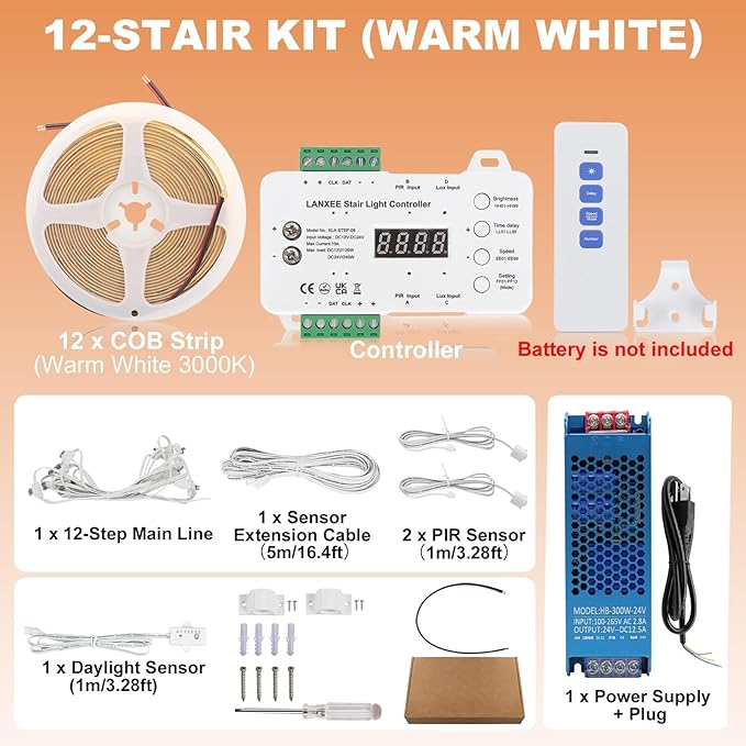 Smart Motion Sensor Stair Light for Indoor Use with Main Wire, No Wiring Required 40 inches Long COB LED Stair Lights Indoor with Remote Controller (Warm White 3000K,12 Stairs)