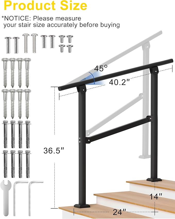 Hand Rails for Outdoor Steps, 1-3 Step Adjustable Stair Handrail Kit, 40" x 36" Wrought Iron Railing, Exterior Hand Rail for Porch Deck Garage and Garden