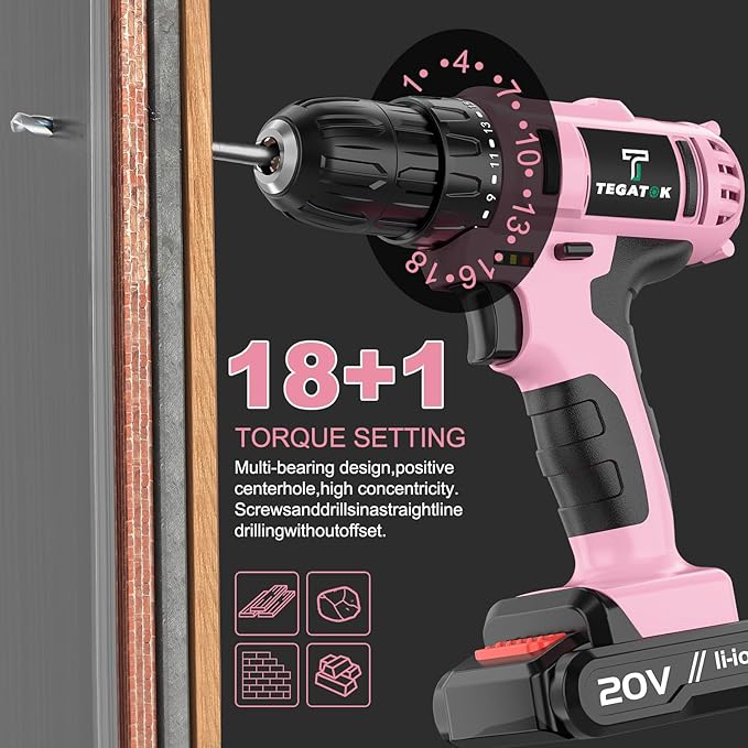Cordless Pink Drill Set, 3/8 Drill Handheld Screwdriver Kit with 18+1 Torque Setting, 20V Electric Drills Tools Bit, LED Electric Power Drills with Battery and Charger, 1 Battery