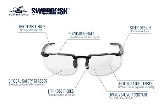 Bullhead Safety Swordfish Bifocal Safety Glasses, 2.5 Diopter, ANSI Z87+, Reader Glasses with UV Light Protection and Anti-Scratch Coating, Clear Lenses, Matte Black Frame
