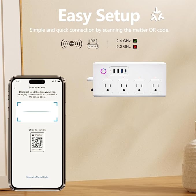 Matter Smart Power Strip,WiFi Flat Plug Strip with 4 Smart Outlets and 4 USB Ports, Voice/APP Remote Control,5 Ft Extension Cord Surge Protector,Compatible with Alexa, Apple HomeKit and Google