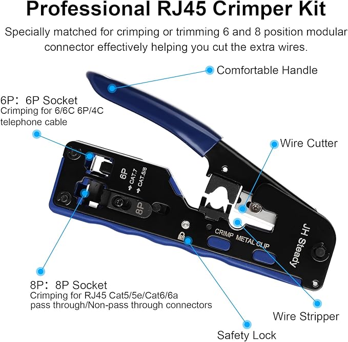 Pass Through RJ45 Crimp Tool Kit, Ethernet Crimping Tool Kit for Cat5/Cat5e/Cat6 with Cable Tester, 30PCS Connectors & Boots, Wire Crimper Stripper Cutter for Network Installation