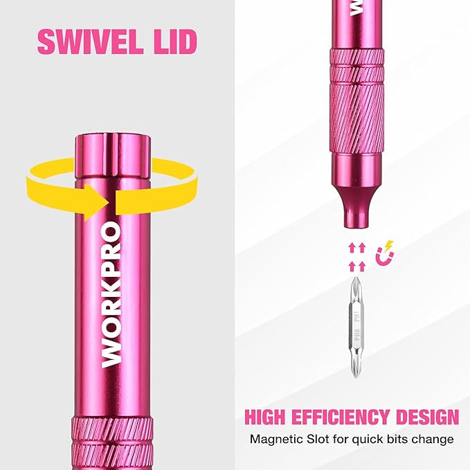 WORKPRO 24 in 1 Multi Bit Mini Screwdriver Set Magnetic, Manual Pen Screwdrivers, Tough S2 Steel Small Screwdriver Bits for Eyeglass, Watch, Laptop, Phone, Jewelry and Electronic, Pink