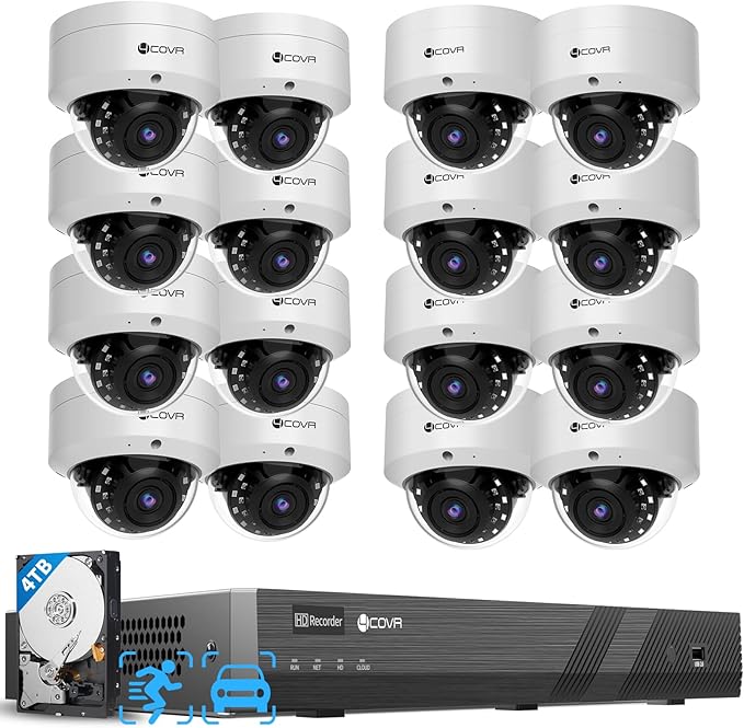 4COVR 16 Channel PoE Security Camera System for Business, 16x 5MP IK10 Vandal-Proof IP67 Dome Commercial IP Camera, Night Vision, 16CH NVR 4TB, AI Human Vehicle Detection, 24/7 Recording, LY54AX5M1616