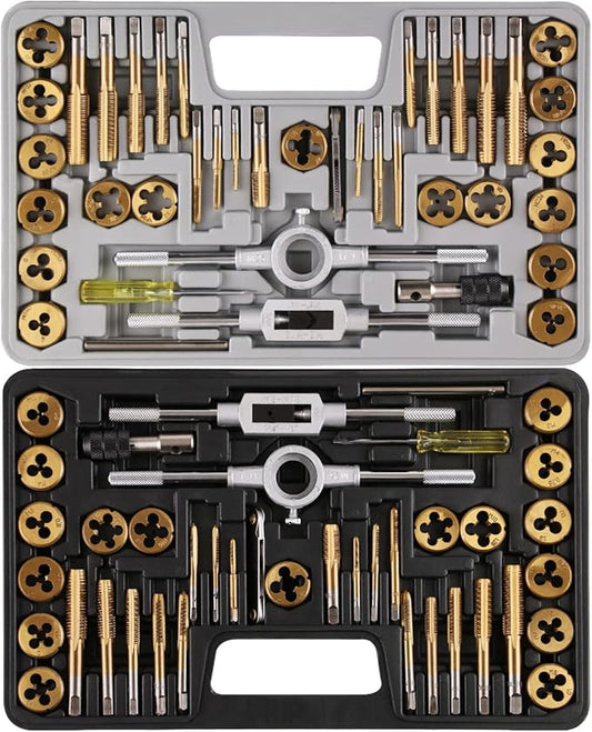 Brass Coated 80pcs SAE & Metric Tap and Die Set, Metric Standard Rethreading Tool Kit, Coarse and Fine Threads for Cutting External and Internal Threads, Essential Repair Tool Kit with Case