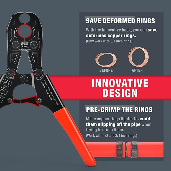 iCrimp 1/2 and 3/4-inch Combo Pex Pipe Crimping Tool for Copper Ring with Gauge meets ASTM 1807 Standard-manufactured by IWISS