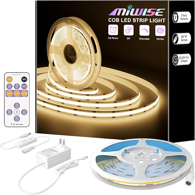 MIWISE COB LED Strip,3000K Warm White 32.8ft/10m,Dimmable Super Bright 24V LED Strip Light,CRI 90+ Flexible Tape Light with RF Remote Timer Function,for Home/Cabinet/Bedroom/TV DIY Lighting Project