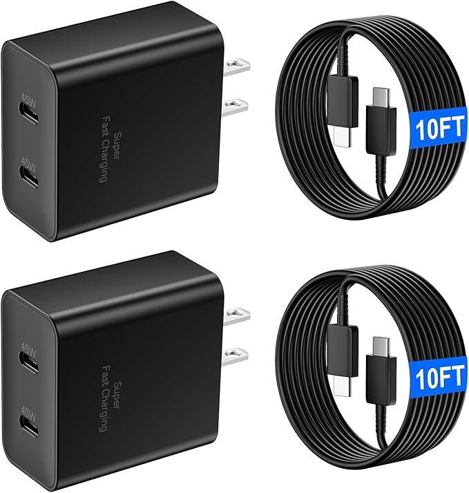 45W Super Fast USB C Charger for Samsung Galaxy S25 Ultra/S25+/S25/S24/S23 Ultra/S23+/S22 Ultra/S22+/S20 Ultra, 2-Port 45 Watt Type C Fast Charger Block with 10FT USB C Cable Cord for Android Phone