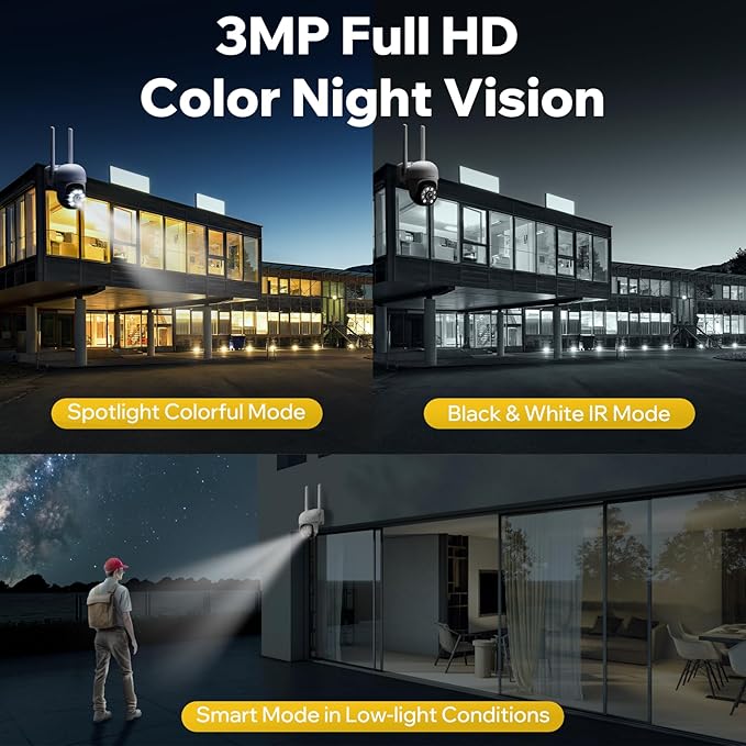 Camcamp 3MP Wireless Security Camera Outdoor, PTZ Camera, Panoramic View, Color Night Vision, WiFi Connect to NVR Security Camera System with 7" Monitor/Use Alone, Plug-in Power Cable, CCTV Indoor