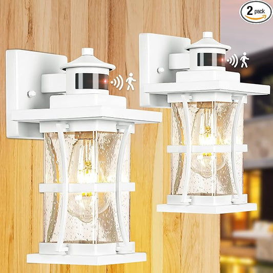 2 Packs White Motion Sensor Outdoor Lights - Advanced Dusk to Dawn Outdoor Lighting, Waterproof Exterior Light Wall Mount Fixtures, Anti-Rust Porch Outside Lights Wall Sconce for House, Garage, Square
