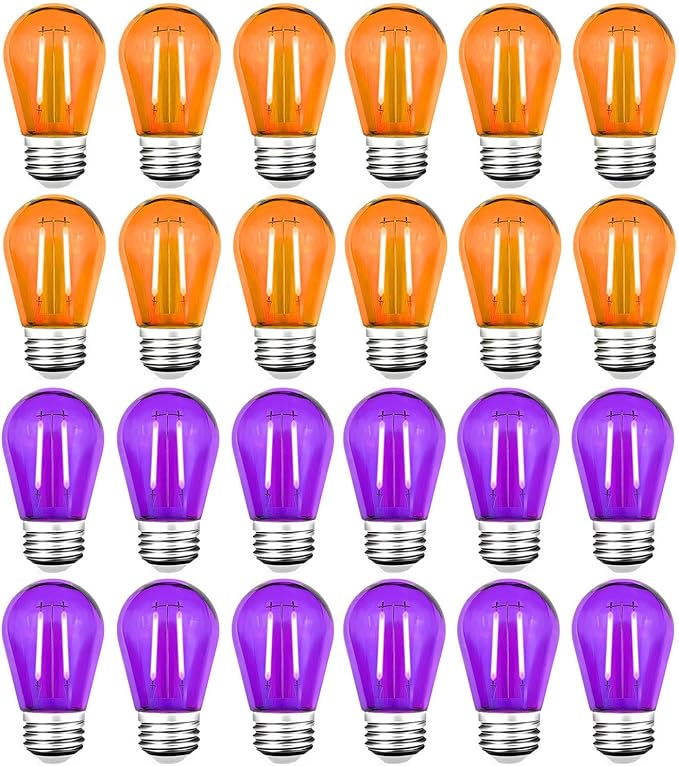 Purple Light Bulb and Orange Light Bulb, 24 Pack S14 LED Bulbs, Shatterproof 2 Watt Replacement Bulbs for Outdoor String Light, Decorative E26 Base Filament Halloween Light, 120V