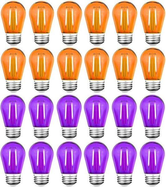 Purple Light Bulb and Orange Light Bulb, 24 Pack S14 LED Bulbs, Shatterproof 2 Watt Replacement Bulbs for Outdoor String Light, Decorative E26 Base Filament Halloween Light, 120V