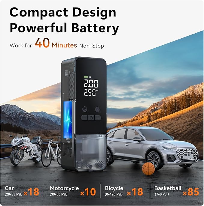CYCPLUS Tire Inflator Portable Air Compressor - 150PSI Cordless Air Pump with Digital Tire Pressure Gauge, Auto Shut Off, DC/AC 2-in-1 for Car/Motorcycle/E-Bike/Ball