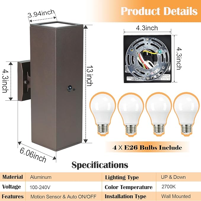 wowlite Motion Sensor Porch Light 2 Pack, Outdoor Lights for House Dawn to Dusk Outdoor Light Fixture, Up and Down Waterproof Modern Exterior Lighting Fixtures for Front Door Garage Yard, ETL Listed