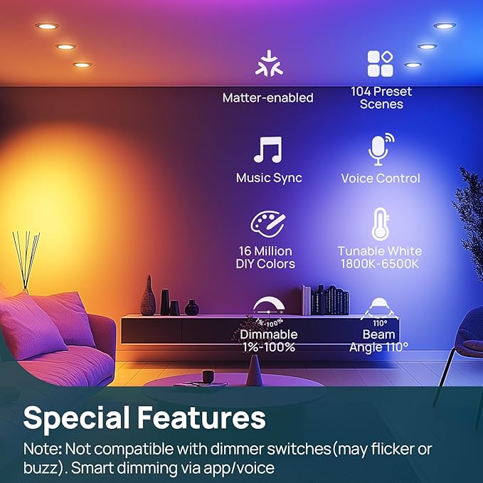 Linkind Matter Smart Light Bulb,1200LM 85W BR30 Smart Flood Light Bulbs Work with Alexa, Apple Home, Google Home, RGBTW Recessed Color Changing Bulbs E26, 2.4GHz Only WiFi Light Bulbs LED, 2Pack
