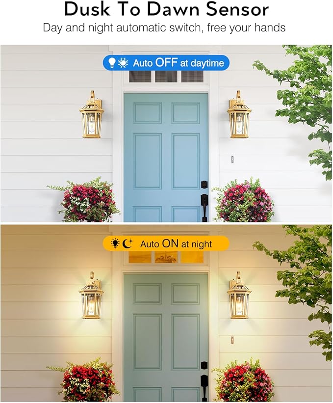 VIANIS Outdoor Porch Lights Wall Mount, Dusk to Dawn Exterior Light Fixture for House, 100% Anti-Rust Aluminum Waterproof Porch Light Outside Wall Lights, Gold Wall Sconce Lanterns for Garage