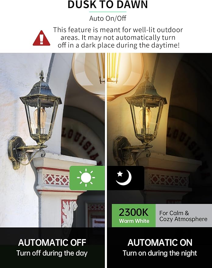 Dusk to Dawn Edison Light Bulbs ST58(ST19), Vintage Amber Glass, 2300K Warm Light, 6.5W=60W, Auto On/Off Light Sensing LED Filament Bulb Outdoor, 700LM, Non-Dimmable, E26, 2-Pack, HQ-H027