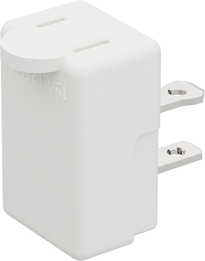 90 Degree 2 Pin Adapter, Plugrand Nema 1-15P to 1-15R Left Angled Adapter, 2 Prong Angled Adapter, NEMA 1-15P Power Adapter, PA-0506 White Color