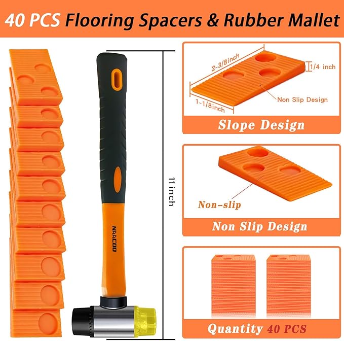 Laminate/Vinyl Flooring Tools, NAACOO Heavy Tapping Block, Heavy Pull Bar, Knee Pads, 10” Contour Gauge, 40pc Flooring Spacers, Rubber Mallet - 6 in 1 Floor Installation Kit