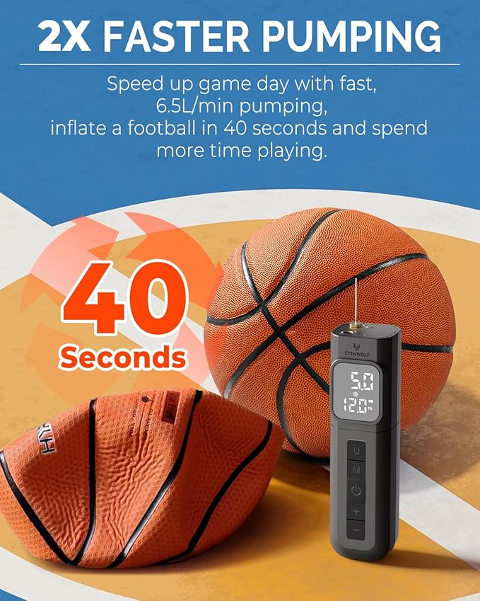 ETENWOLF P200 Electric Ball Pump 2000mAh Sports Air Pump with Digital Pressure Gauge for Basketball Soccer Volleyball