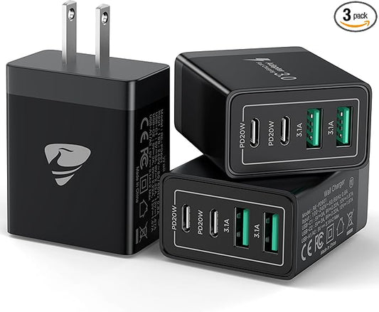 USB C Wall Charger Block 3-Pack, Aiminu 40W 4-Port PD Power Delivery Fast Type C Charging Block Plug Adapter for iPhone 15/14/13/12/11/Pro Max, XS/XR/X, iPad, Android Phones Charger Cube