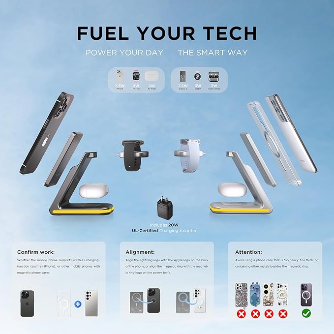 Wireless Charger 5 in 1 Magnetic Charging Station Stand with Portable Power Bank for Apple/Samsung Multiple Devices for Apple Watch 10-2,iPhone 16 15-12 Pro Max/Samsung Galaxy S25 Ultra S24-S8