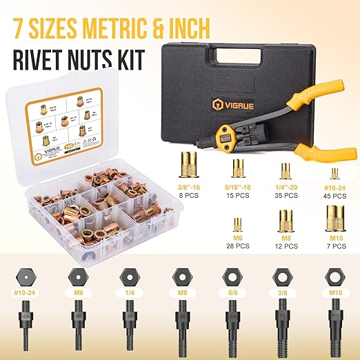 VIGRUE 14'' Rivet Nut Tool Hand Rivet Tool Kits with 7PCS Metric & Inch Mandrels and 150PCS Metric & SAE Rivet Nuts Assortment and Rugged Carrying Case