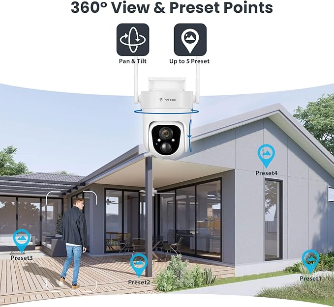 2K Solar Security Camera Wireless Outdoor, 360° View Pan/Tilt Battery Camera for Home Security, Color Night Vision, Spotlight, 2-Way Audio, PIR Motion Sensor, 2.4GHz WiFi Only, Weatherproof