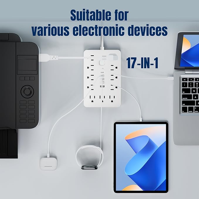 2 Pack 6 FT Flat Plug Surge Protector Power Strip,11 Multiple AC Outlets with 6 USB Ports (2 USB C), 6 Feet Extension Cord, 1250W/10A, One Touch Switch Button, 17 in 1 Compact powerstrip