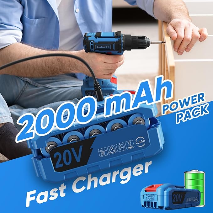 Cordless Drill Set, 20V Power Drill with Power Pack 2.0Ah and Charger, 3/8-Inch Keyless Chuck Electricdrill, 25+1 Torque, 42pcs Drilldriver Bits/Screws for DIY Projects (Blue)