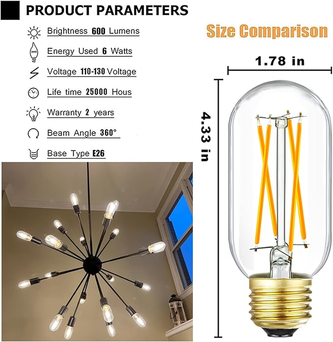 Leools E26 LED Bulb 6W Equivalent e26 led Bulb 60 Watt Warm White 2700K Dimmable E26 Edison Bulb AC120V 600lm Tubular T14 LED Bulb for Pendant, Sputnik,Vanity,Chandeliers Pack of 6