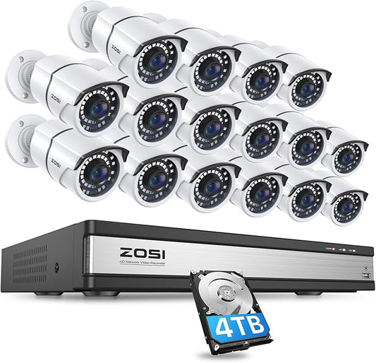 ZOSI 16Channel 4K PoE Home Security Cameras System,8MP 16CH H.265 CCTV NVR with Hard Drive 4TB and 16 x 5MP Surveillance PoE IP Cameras Indoor Outdoor,120ft Night Vision,Remote Access,24/7 Recording