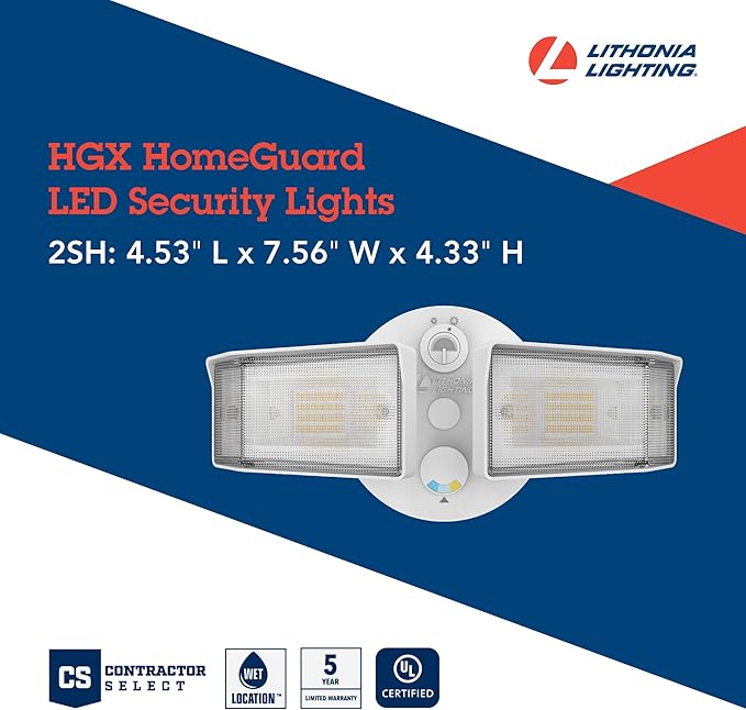 Lithonia Lighting HGX LED 2SH ALO SWW2 120 PE WH M2 HomeGuard LED Outdoor Security Floodlight, Adjustable Light Output, Switchable CCT, Photocell, 2-Lights, White