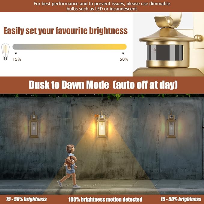 2-Pack Gold Dusk to Dawn Motion Sensor Lights 18 Inch, Large Outdoor Light Fixtures IP65 Waterproof Anti-Rust Brass Outside Lights for House Photocell Modern Exterior Lanterns Wall Mounted