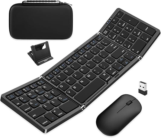 Foldable Keyboard and Mouse, EDJO Folding Wireless Keyboard Mouse Combo with Portable Case, Rechargeable 2.4G+Bluetooth Multi-Device Combo for Windows, iOS, Android, MacOS PC/Laptop/Tablet
