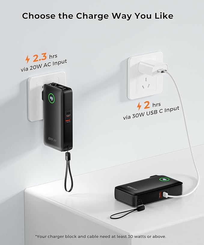 Portable Charger Power Bank - Battery Pack 35W AC Plug GaN 10000mAh Built in Cable USB C Phone Fast Charging Powerbank Compatible with iPhone 16 15 14 13 12 11 X iPad MacBook Samsung (Black)