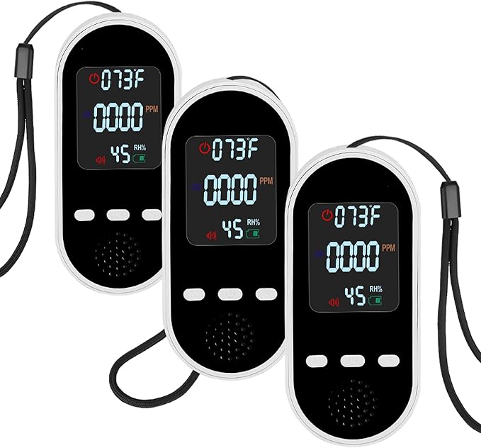 Portable Carbon Monoxide Detector Mini air Quality Monitor with Lanyard Alarm, CO Gas/Humidity Sensor/Indoor/Outdoor Thermometer, Battery Powered LED Screen