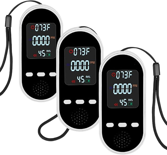 Portable Carbon Monoxide Detector Mini air Quality Monitor with Lanyard Alarm, CO Gas/Humidity Sensor/Indoor/Outdoor Thermometer, Battery Powered LED Screen