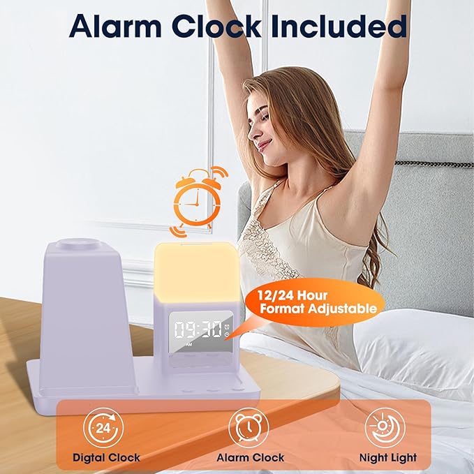 Wireless Charger for Samsung/Android, 6 in 1 Phone Nightstand Charging Station Charger with Alarm Clock/Night Light for Samsung S25/S24/S23 Ultra/Buds3 Pro,Watch Charger for Galaxy Watch 8/7/6-Purple