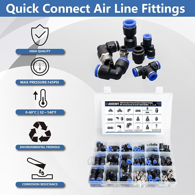 108Pcs Quick Connect Air Hose Fitting Kit, NPT 1/4,3/16, 5/32,3/8,1/8,1/2,5/8" Push To Connect Fittings Air Line Pneumatic Fittings Kit Connectors for Automotive Car or Industrial Workshops