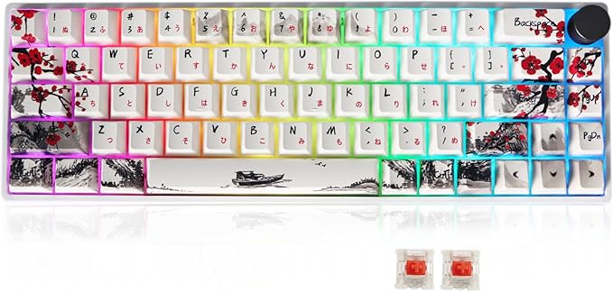 MOLGRIA GK68 68-Key RGB Backlit Gaming Keyboard with Plum Blossom Keycaps, Hot Swappable Red Mechinery Switches, Triple Mode Connection with Knob Mechanical Keyboard for Win/Mac OS