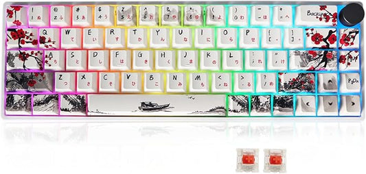 MOLGRIA GK68 68-Key RGB Backlit Gaming Keyboard with Plum Blossom Keycaps, Hot Swappable Red Mechinery Switches, Triple Mode Connection with Knob Mechanical Keyboard for Win/Mac OS